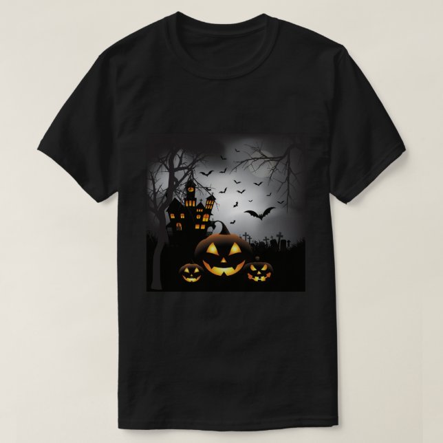 Halloween graveyard scenes pumpkin haunted house T-Shirt (Design Front)