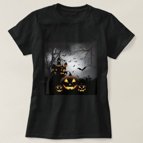 Halloween graveyard scenes pumpkin haunted house T_Shirt