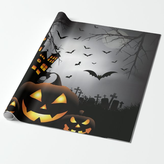 Halloween graveyard scenes pumpkin haunted house wrapping paper (Unrolled)