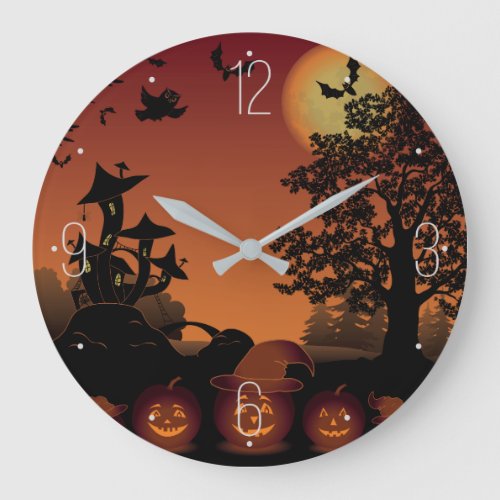 Halloween graveyard scenes pumpkins bats moon large clock