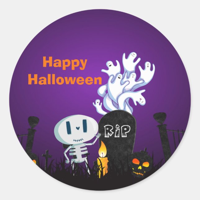 Halloween Graveyard Spooky Cute Skeleton & Ghosts Classic Round Sticker (Front)