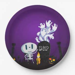 Halloween Graveyard Spooky Cute Skeleton & Ghosts Paper Plates