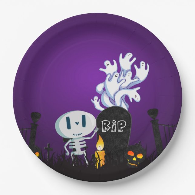 Halloween Graveyard Spooky Cute Skeleton & Ghosts Paper Plates (Front)