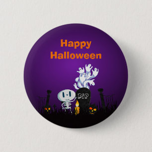 Halloween Graveyard Spooky Cute Skeleton & Ghosts Pinback Button