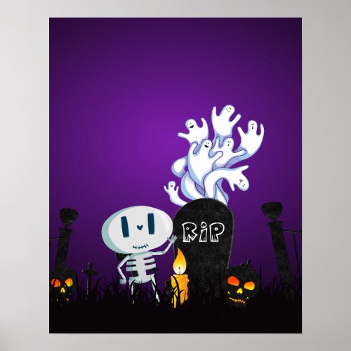 Halloween Graveyard Spooky Cute Skeleton  Ghosts Poster