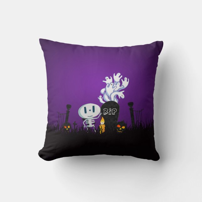Halloween Graveyard Spooky Cute Skeleton & Ghosts Throw Pillow (Front)