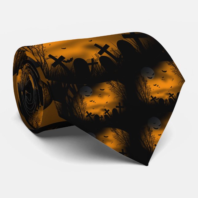 Halloween Graveyard with Bats and Tombstones Tie (Rolled)