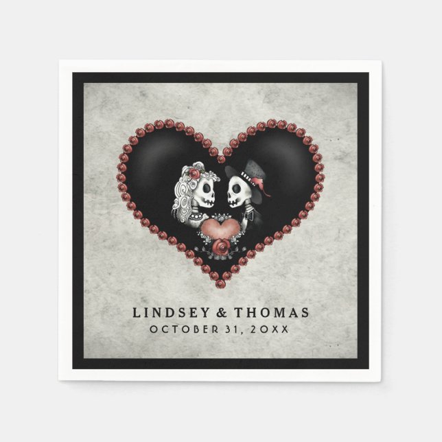 Halloween Gray & Black Skeletons & Heart Wedding Paper Napkins (Front)
