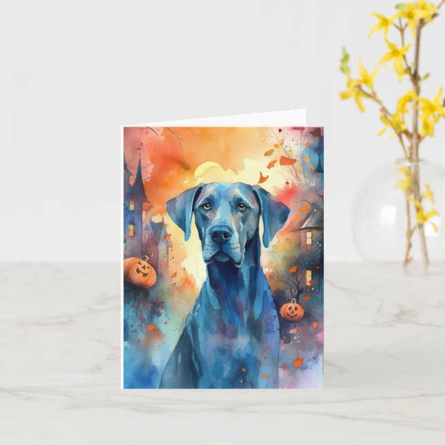 Halloween Great Dane With Pumpkins Scary Card (Yellow Flower)