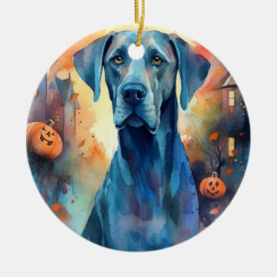 Halloween Great Dane With Pumpkins Scary Ceramic Ornament