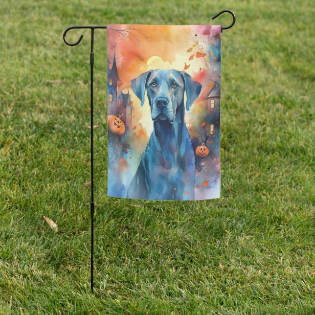 Halloween Great Dane With Pumpkins Scary Garden Flag (In SItu)