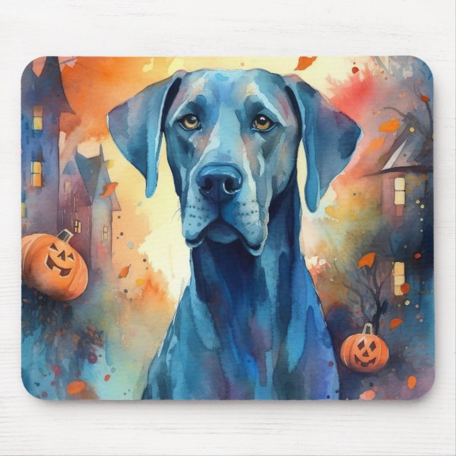 Halloween Great Dane With Pumpkins Scary Mouse Pad (Front)