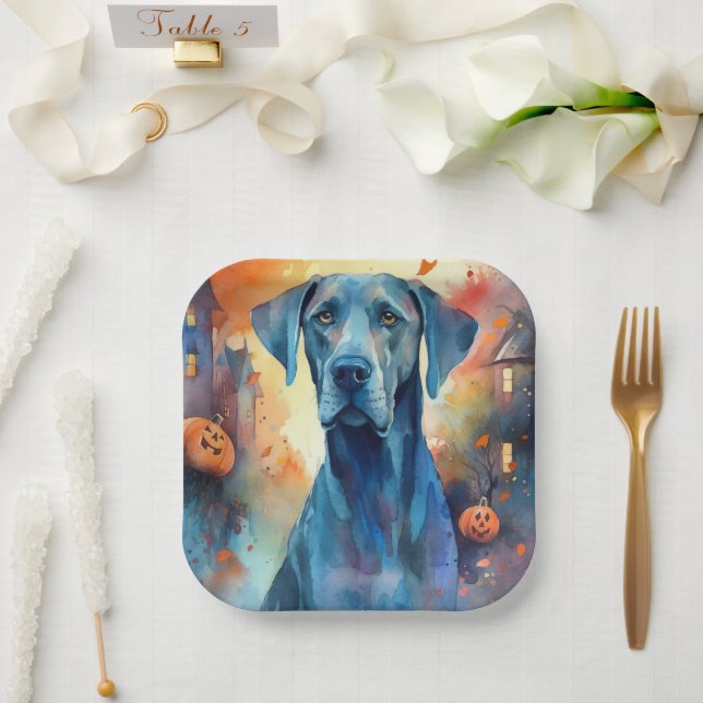 Halloween Great Dane With Pumpkins Scary Paper Plates (Wedding)