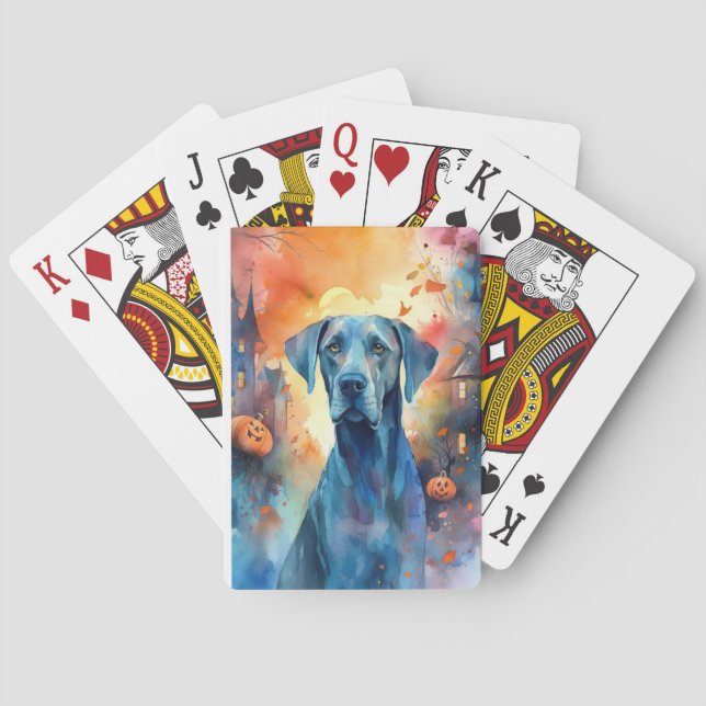 Halloween Great Dane With Pumpkins Scary Poker Cards (Back)