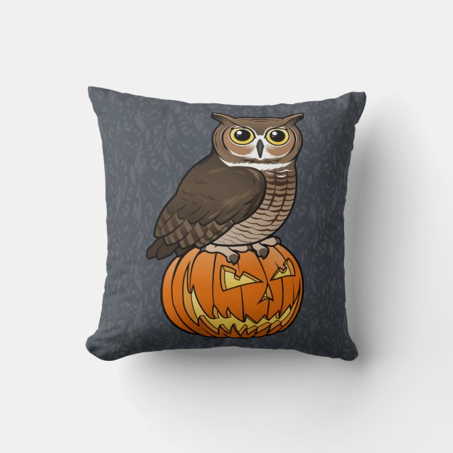 Halloween Great Horned Owl Throw Pillow (Front)