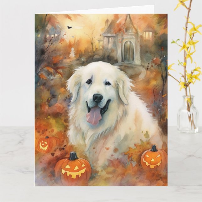 Halloween Great Pyrenees With Pumpkins Scary Card (Yellow Flower)