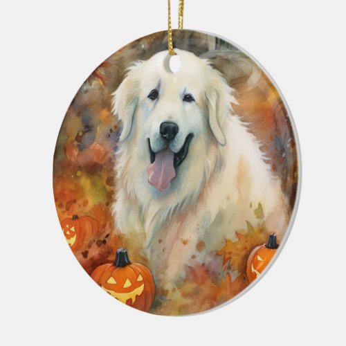 Halloween Great Pyrenees With Pumpkins Scary Ceramic Ornament