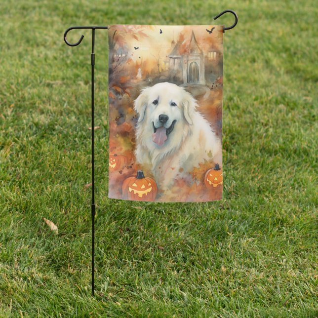 Halloween Great Pyrenees With Pumpkins Scary Garden Flag (In SItu)