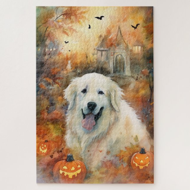 Halloween Great Pyrenees With Pumpkins Scary Jigsaw Puzzle (Vertical)