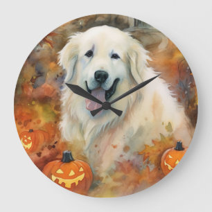 Halloween Great Pyrenees With Pumpkins Scary Large Clock