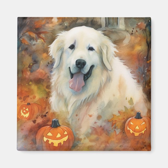 Halloween Great Pyrenees With Pumpkins Scary Magnet (Front)