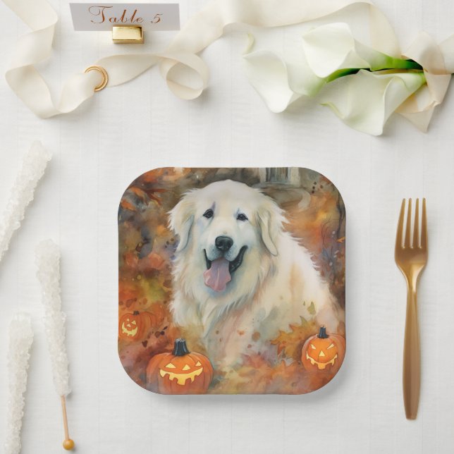 Halloween Great Pyrenees With Pumpkins Scary Paper Plates (Wedding)
