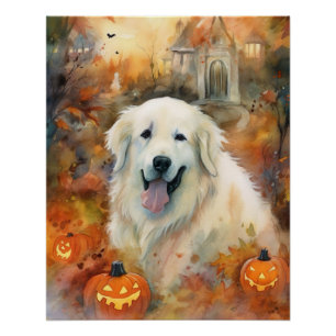 Halloween Great Pyrenees With Pumpkins Scary Poster