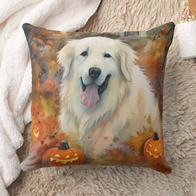 Halloween Great Pyrenees With Pumpkins Scary Throw Pillow (Blanket)