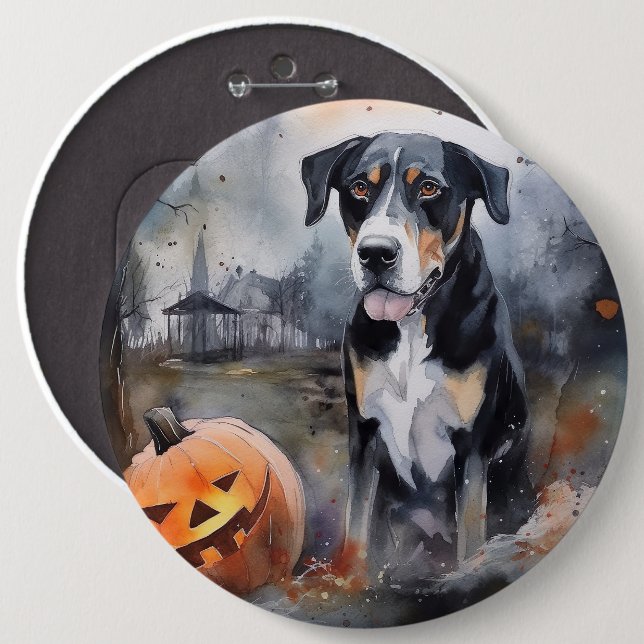 Halloween Greater Swiss With Pumpkins Scary Button (Front & Back)