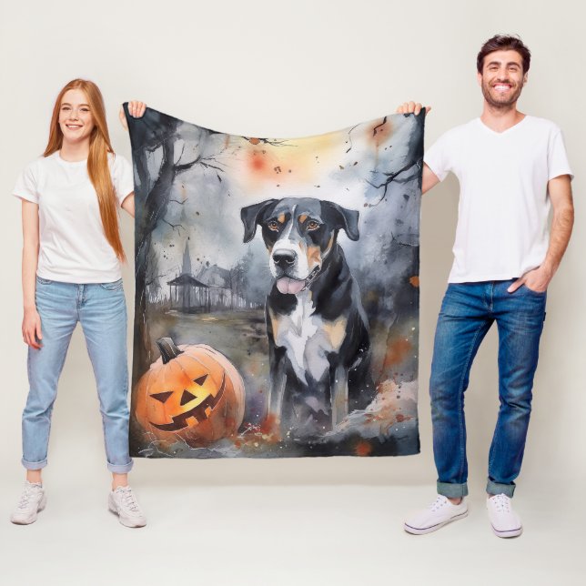 Halloween Greater Swiss With Pumpkins Scary Fleece Blanket (In Situ)