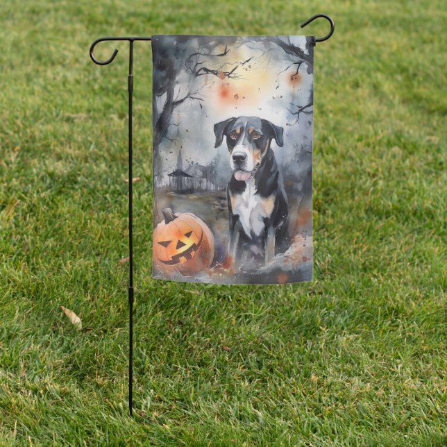 Halloween Greater Swiss With Pumpkins Scary Garden Flag (In SItu)