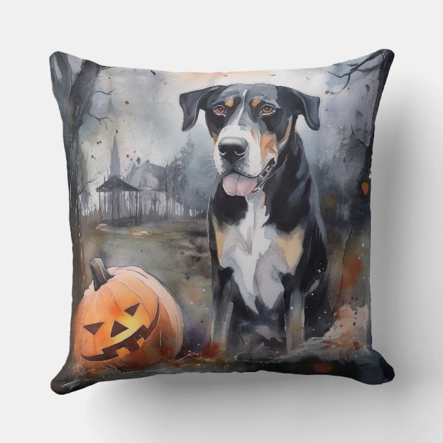 Halloween Greater Swiss With Pumpkins Scary Throw Pillow (Back)