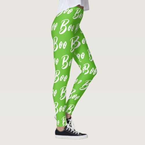 Halloween Green and White boo text pattern Leggings