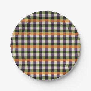 Halloween green, purple & black gingham pattern paper plates