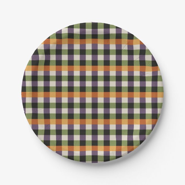 Halloween green, purple & black gingham pattern paper plates (Front)