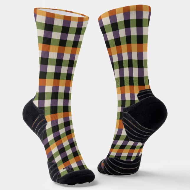 Halloween green, purple & black gingham pattern socks (Angled)