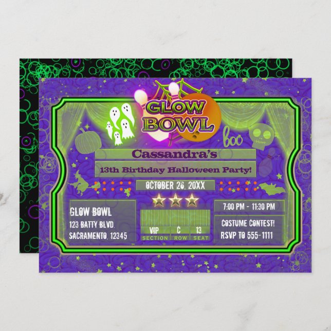 Halloween Green & Purple GLOW BOWL Birthday Party Invitation (Front/Back)