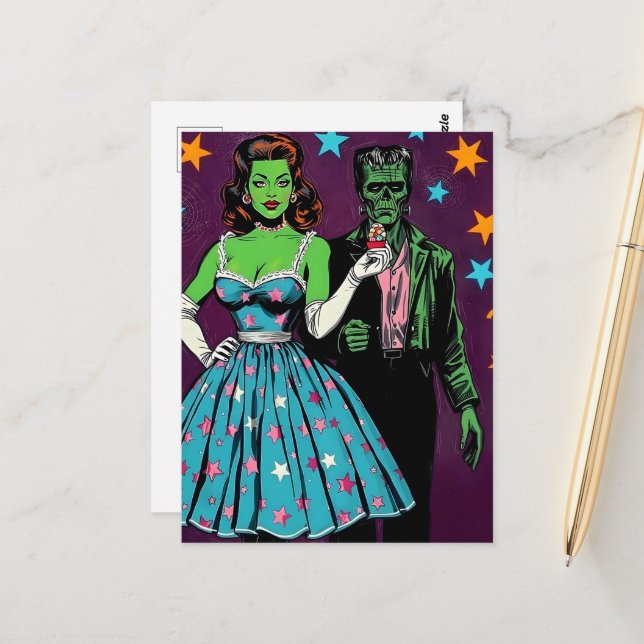 Halloween Green Skinned Monsters Postcard (Front/Back In Situ)