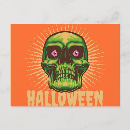 Halloween green skull holiday postcard