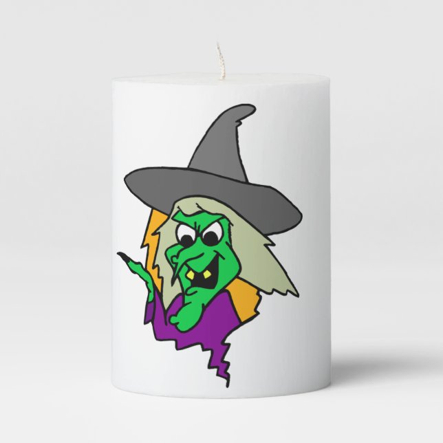 Halloween Green Witch Pillar Candle (Front)
