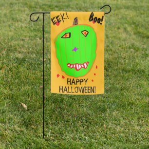 Halloween Green Zombie and Orange Pumpkins Garden Flag