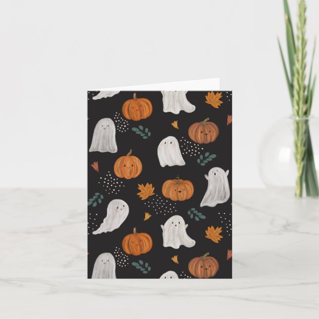 Halloween Greeting Card –Ghosts, Pumpkins & Leaves (Front)