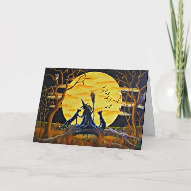 Halloween Greeting Card, witch,bats,black,cats Card (Front)
