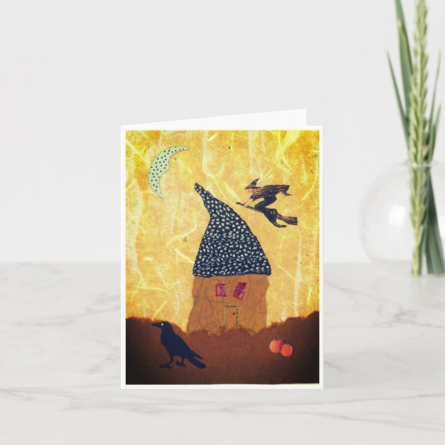Halloween Greeting Card with Tiny House, Witch (Front)