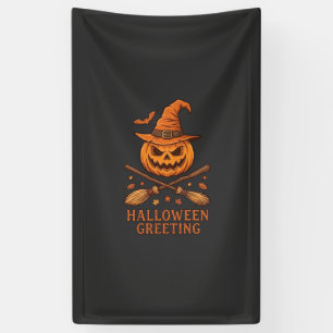 Halloween Greeting Pumpkin Witch Hat Crossed Broom Banner