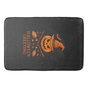 Halloween Greeting Pumpkin Witch Hat Crossed Broom Bath Mat