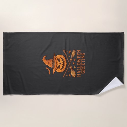 Halloween Greeting Pumpkin Witch Hat Crossed Broom Beach Towel