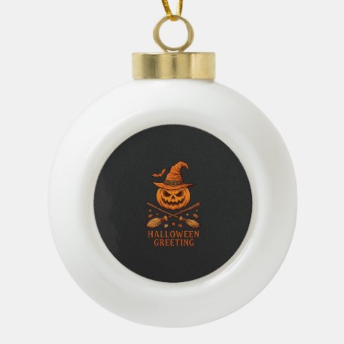 Halloween Greeting Pumpkin Witch Hat Crossed Broom Ceramic Ball Christmas Ornament