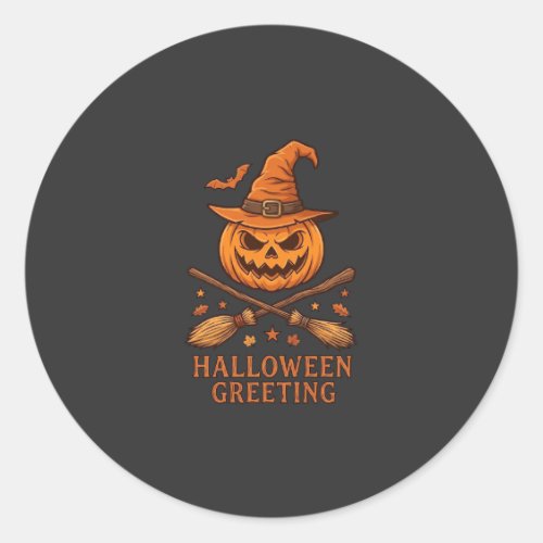 Halloween Greeting Pumpkin Witch Hat Crossed Broom Classic Round Sticker