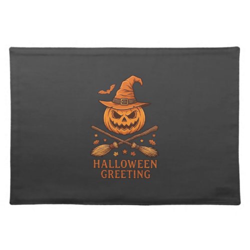 Halloween Greeting Pumpkin Witch Hat Crossed Broom Cloth Placemat